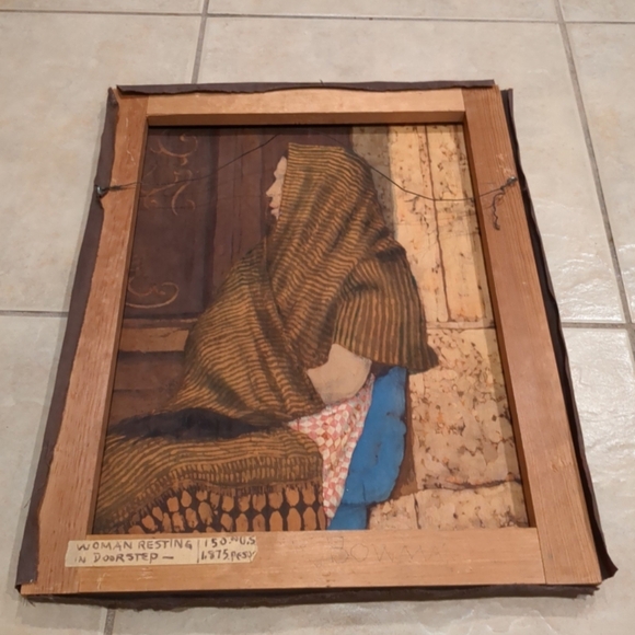 Vintage "Woman On Doorstep"  Fabric Wall Hanging Picture - Picture 5 of 8